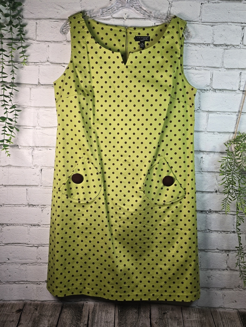 KIM ROGERS LIME GREEN SHIFT DRESS BROWN POLKA DOTS POCKETS SLEEVELESS WOMENS 14